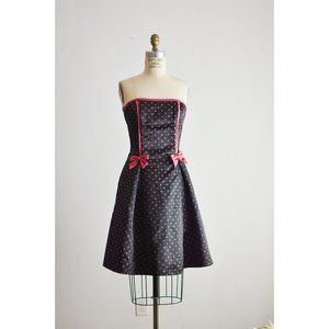 Gunne sax polka dot midi dress fit and flared size Xsmall black bow pink vintage